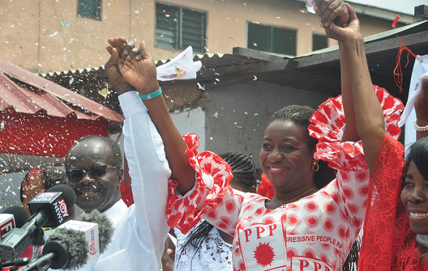 Dr Papa Kwesi Nduom (left), the presidential candidate of the Progressive People's Party, unveiling Ms Brigitte Dzogbenuku (right) as his running mate for the 2016 general election. With them is Ms Eva Lokko. Picture: SAMUEL TEI ADANO